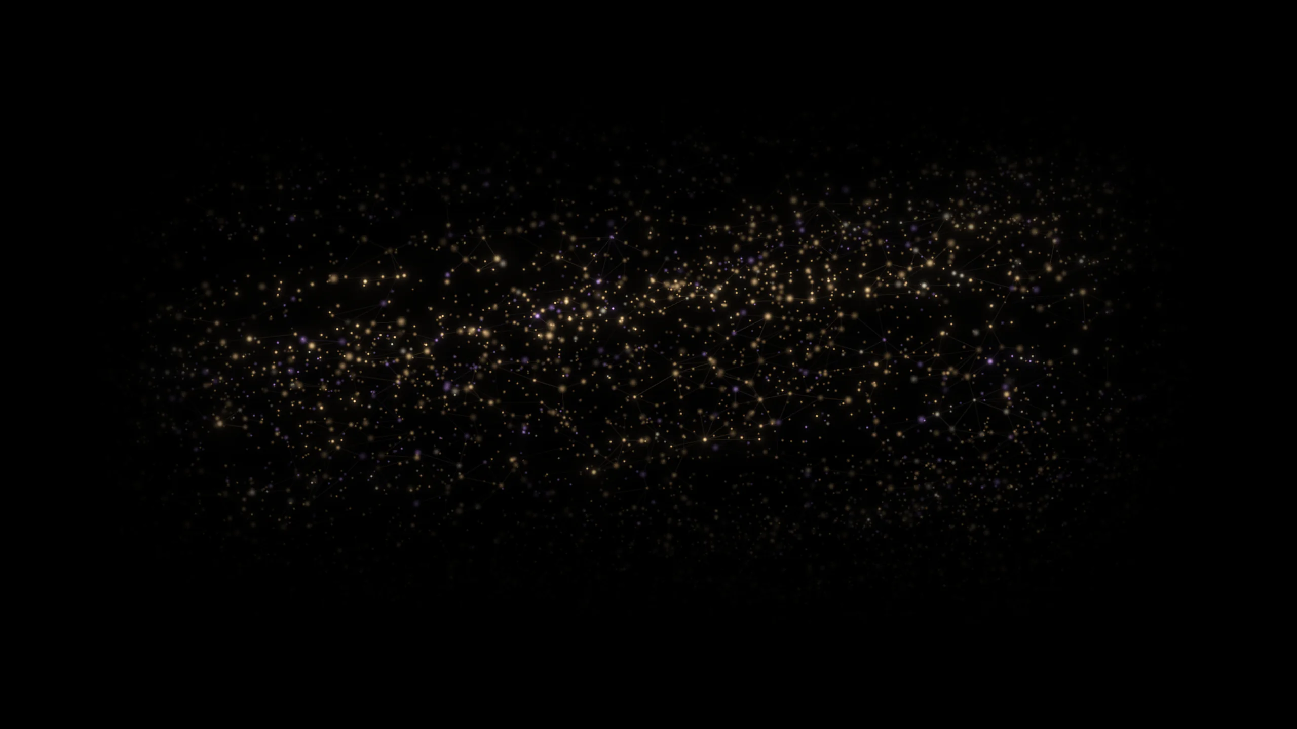 A close view from inside the stream: separate points of gold and violet light, some joined by faint lines, scattered across the dark.
