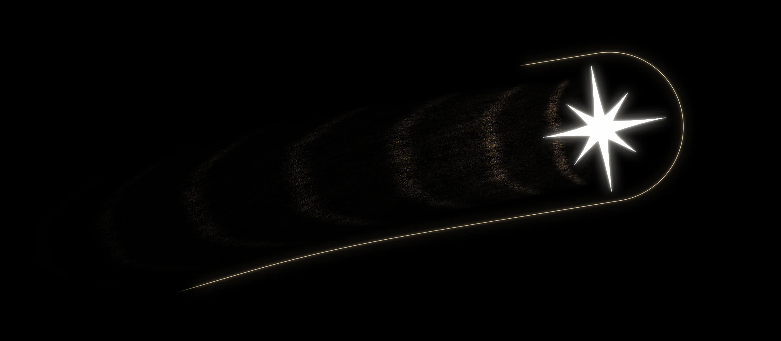 The mark seen from an angle, its stream of fine gold particles trailing away from the star in faint, widening arcs.